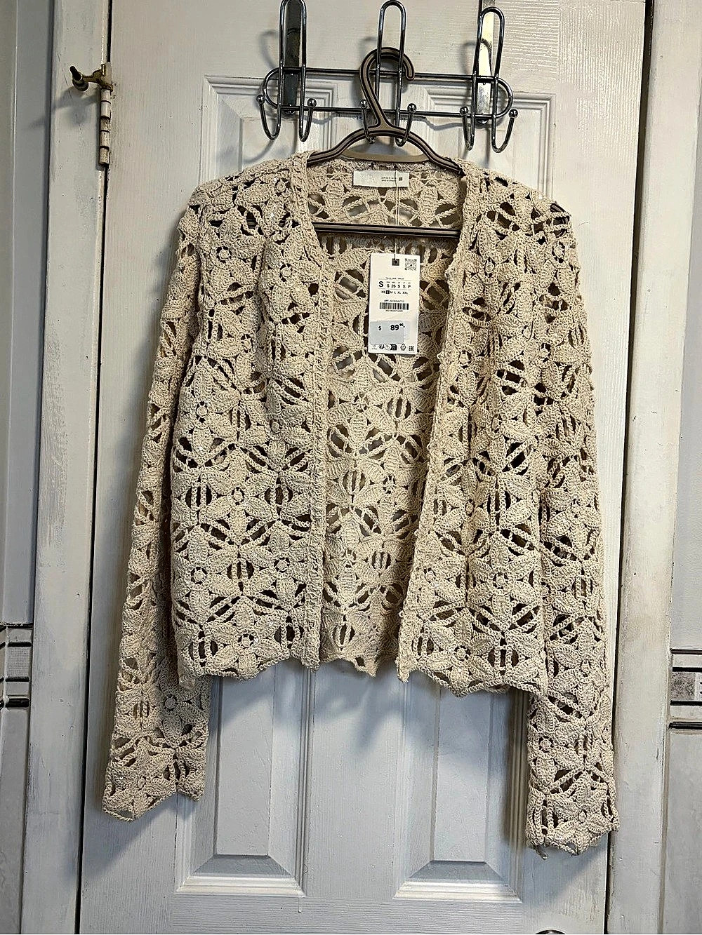 ZARA Ecru Sequinned Macrame Cardigan Jacket Cream Small